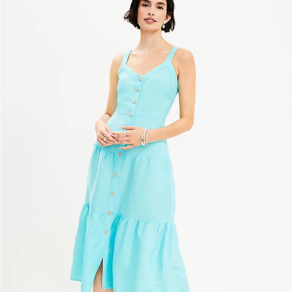 Linen Blend Strappy Button Tiered Midi Dress